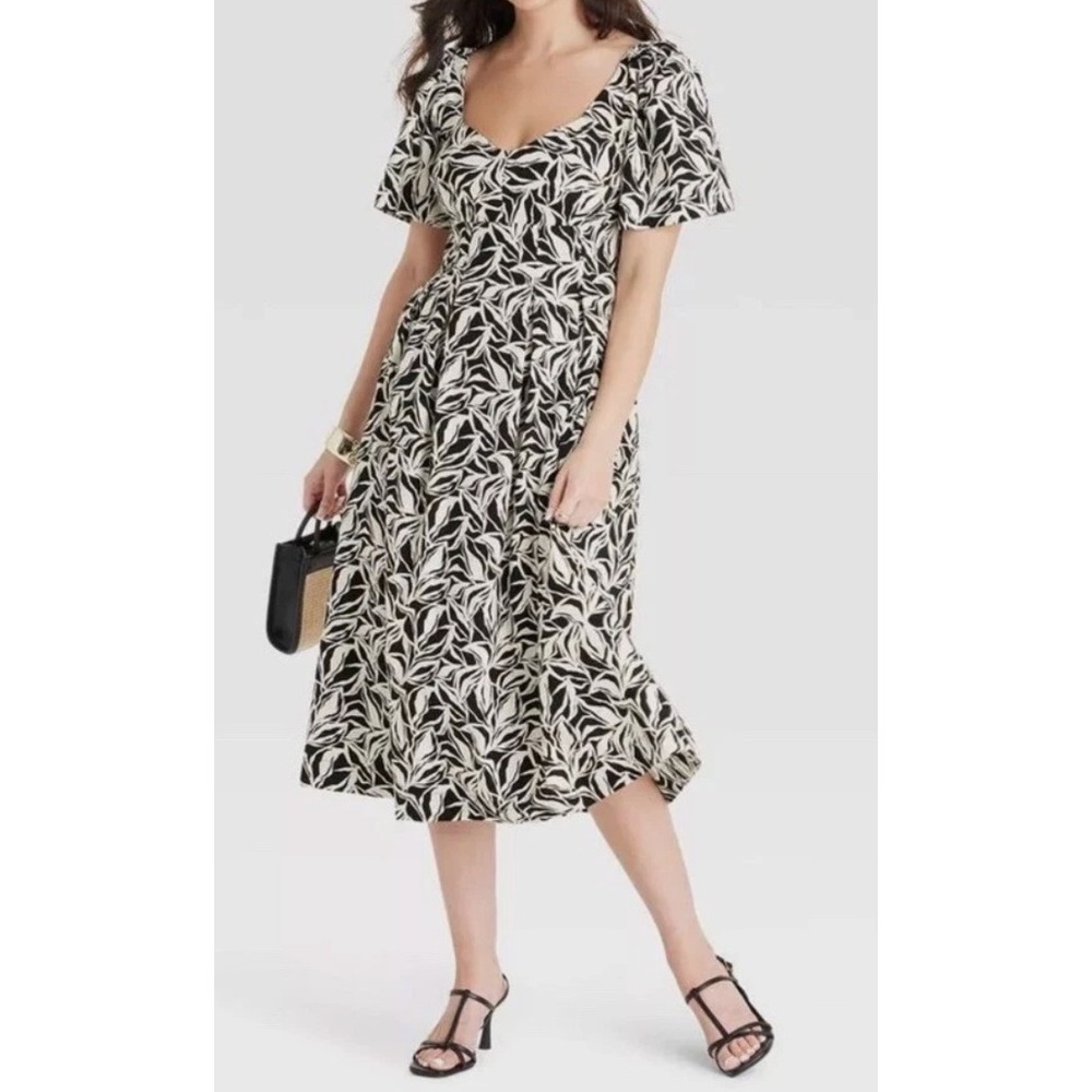 A New Day Floral Midi Dress Black White Sweetheart Autumn Wedding Guest Size 12